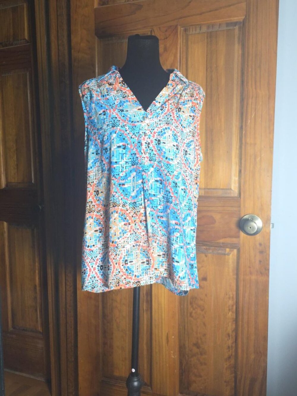 Blue and Coral Half-Placket Sleeveless, V-Neck Blouse, Dana Buchman, Like New
